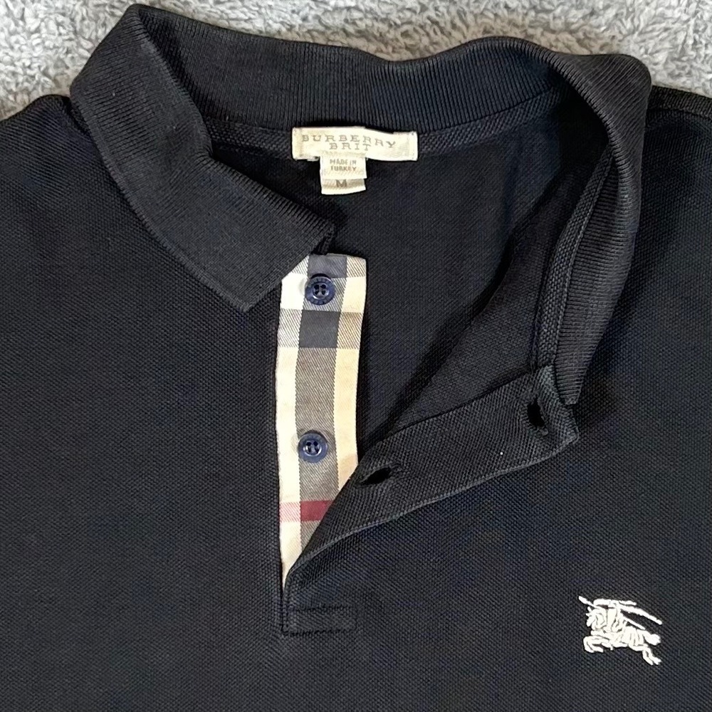 Burberry Brit Mens Black Pique Cotton Polo Shirt Nova Check Placket Size M
